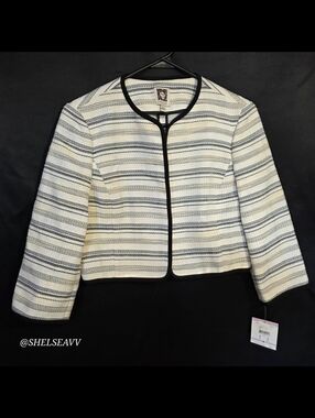 ANNE KLEIN Ivory Threaded Striped 3/4 Sleeves Cropped Jacket Petites Size 6